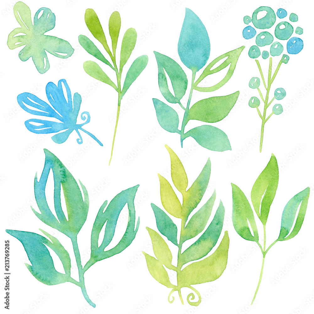 Fototapeta premium Set with painted stylized green leaves isolated on white background. Watercolor illustration