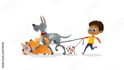 African-American boy holds a dog-lead and looks after pets. Kid walks dogs on leash along city street against buildings on background. Cartoon character strolls with her domestic animals in downtown