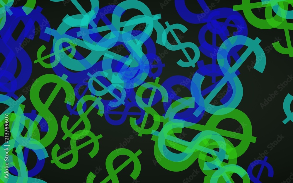 Multicolored translucent dollar signs on dark background. Green tones. 3D illustration Multicolored translucent dollar signs on dark background. Green tones. 3D illustration