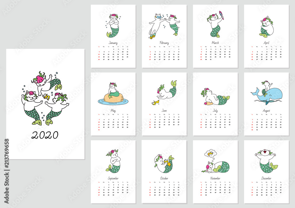 Monthly calendar 2020 template with cute cat mermaids. Vector illustration 8 EPS. Monthly calendar 2020 template with cute cat mermaids. Vector illustration 8 EPS.
