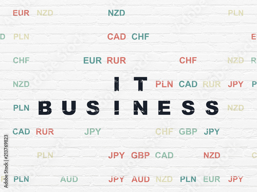 Business concept  Painted black text IT Business on White Brick wall background with Currency