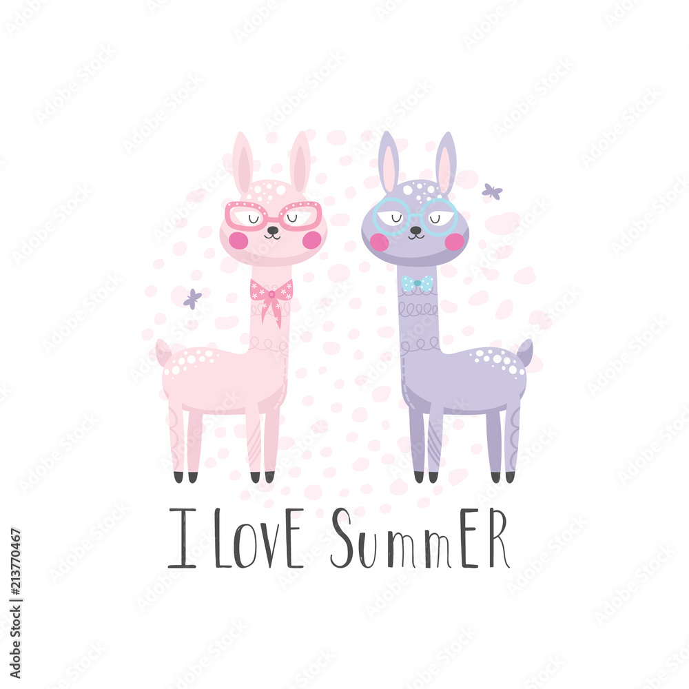 Summer background with two cute llamas Summer background with two cute llamas