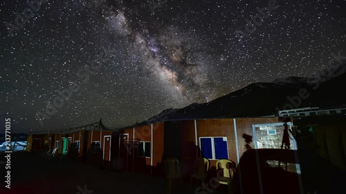 4k, timelapse, The Milky Way galaxy moving over mountains at Pangong Lake in Ladakh, North India. Noise and high ISO clip