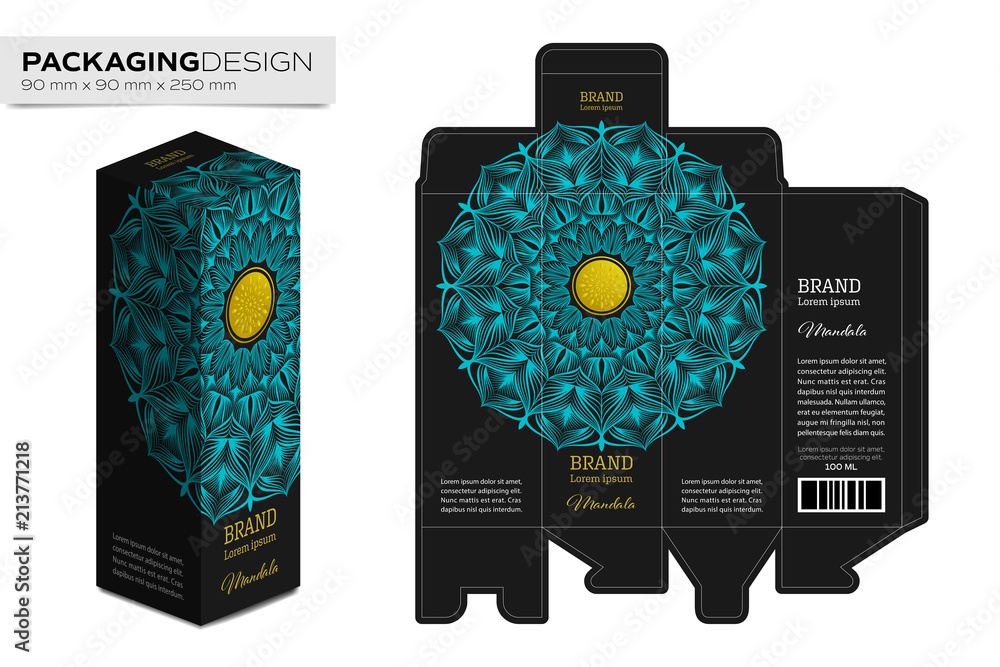 Packaging box design template layout with Mandala abstract art with ...