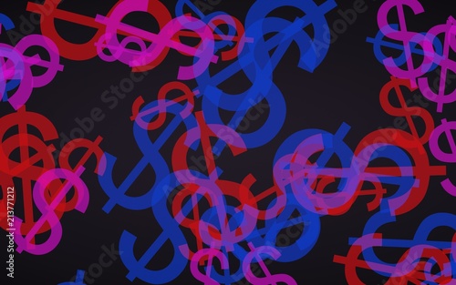 Multicolored translucent dollar signs on dark background. Red tones. 3D illustration