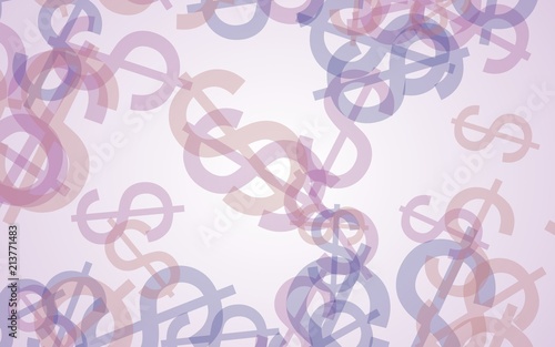 Multicolored translucent dollar signs on white background. Red tones. 3D illustration