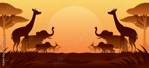 African Safari Animals Silhouette Background