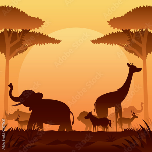 African Safari Animals Silhouette Background © muchmania
