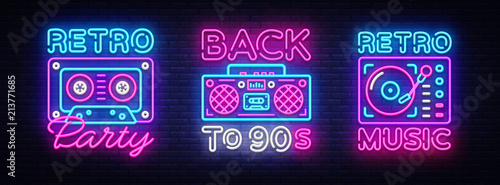 Back to 90s neon poster collection, card or invitation, design template. Retro tape recorder cassettes neon sign, gramophone symbol, light banner. Back to the 90s. Vector illustration photo