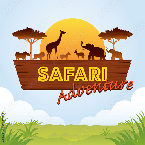 African Safari Adventure Sign with Animals Silhouette photo