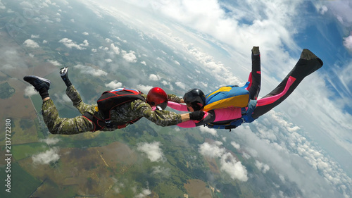 Two skydivers making a formation in the air