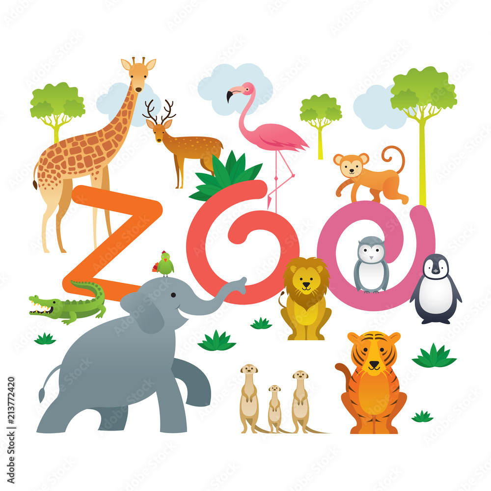 Naklejka premium Group of Wild Animals, Zoo, Kids and Cute Cartoon Style