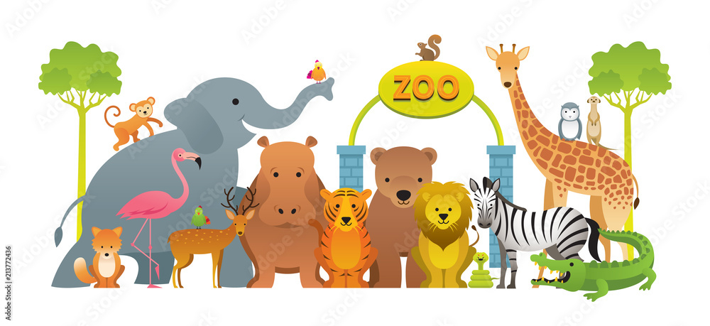 Group of Wild Animals, Zoo, Entrance Sign, Kids and Cute Cartoon Style  Stock Vector | Adobe Stock