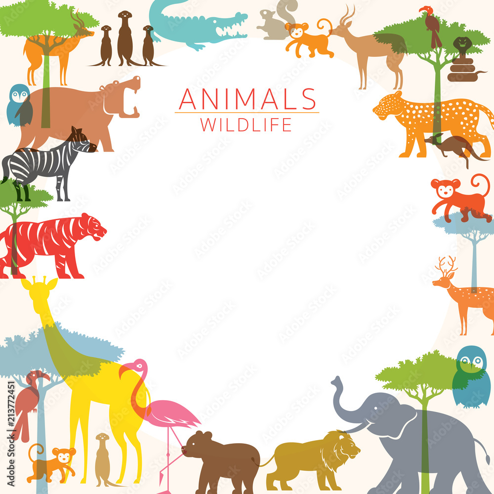 Group of Wild Animals, Zoo, Frame, Silhouette, Colourful Shape Stock Vector  | Adobe Stock