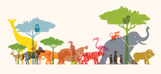 Foto auf Acrylglas Zoo Gruppe von Wildtieren, Zoo, Silhouette, bunte Form  © muchmania
