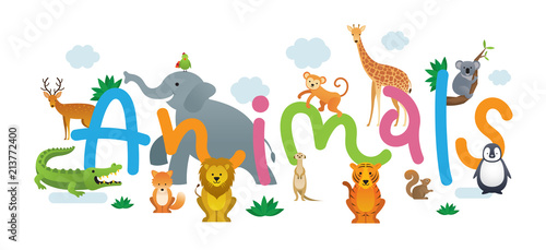 Group of Wild Animals, Zoo, Kids and Cute Cartoon Style