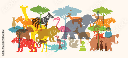 Group of Wild Animals, Zoo, Silhouette, Colourful Shape