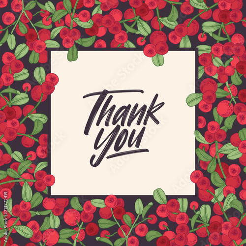 Square card template with frame decorated with lingonberries and place for text