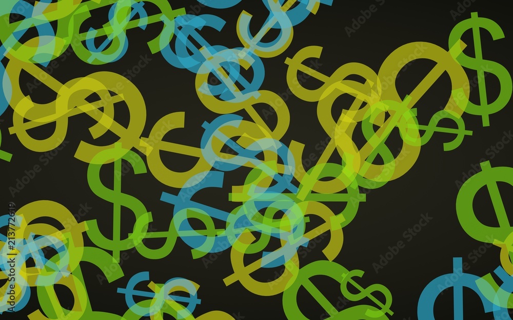 Multicolored translucent dollar signs on dark background. Green tones. 3D illustration Multicolored translucent dollar signs on dark background. Green tones. 3D illustration