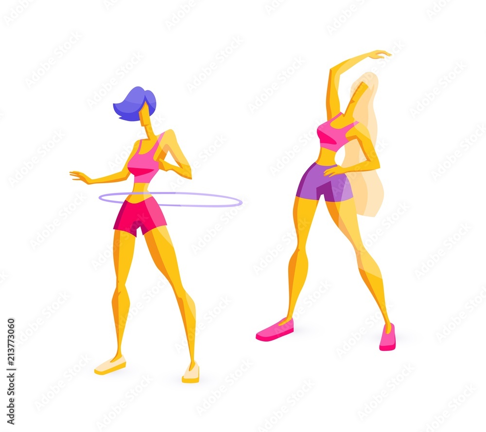 Fototapeta premium Beautiful slender girls are engaged in fitness Flexibility exercises, body tilts, gymnastic hoop
