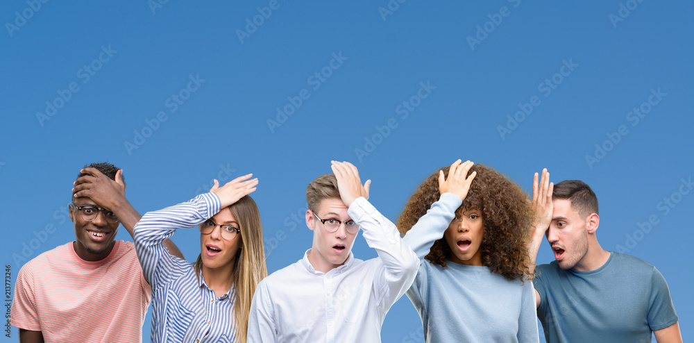 Composition of group of friends over blue blackground surprised with hand on head for mistake, remember error. Forgot, bad memory concept. Composition of group of friends over blue blackground surprised with hand on head for mistake, remember error. Forgot, bad memory concept.