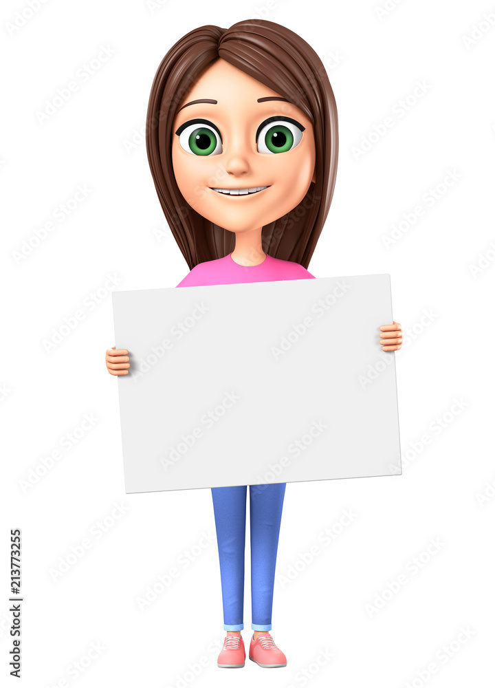 Cheerful girl in a pink T-shirt and jeans is holding an empty board. 3d render illustration. Cheerful girl in a pink T-shirt and jeans is holding an empty board. 3d render illustration.
