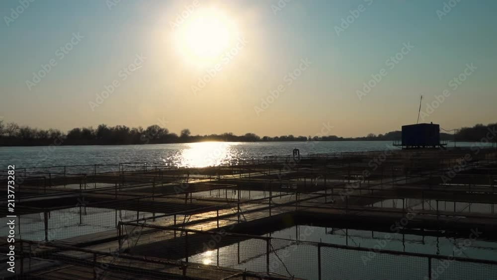 A shot of sturgeon fish cage and two people. A shot of sturgeon fish cage and two people.