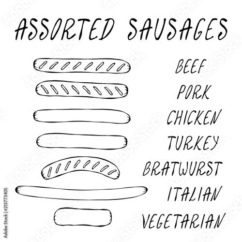 Set of Assorted Sausages For Fast Food, Restaurant or Bar Menu. Hand Drawn High Quality Clean Vector Realistic Illustration. Doodle Style.