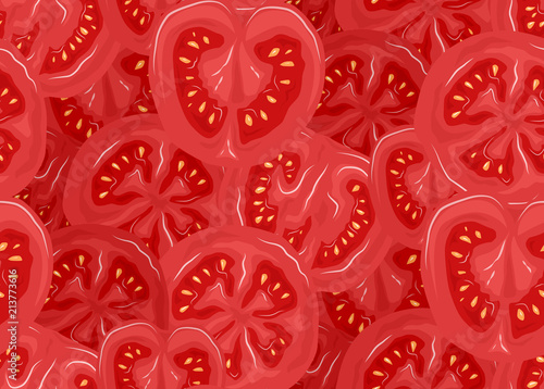 Seamless pattern with tomatoes in a cut. Vector flat color illustration. Vegetable texture for wallpaper, design of sites and your design