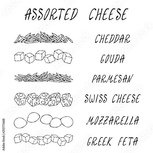 Assorted Popular Cheese Kinds Set. Grated Chedder, Parmesan, Gouda, Swiss, Feta Cubes, Mini Mozzarella. Pizza Ingredients. Hand Drawn High Quality Clean Vector Realistic Illustration. Doodle Style.