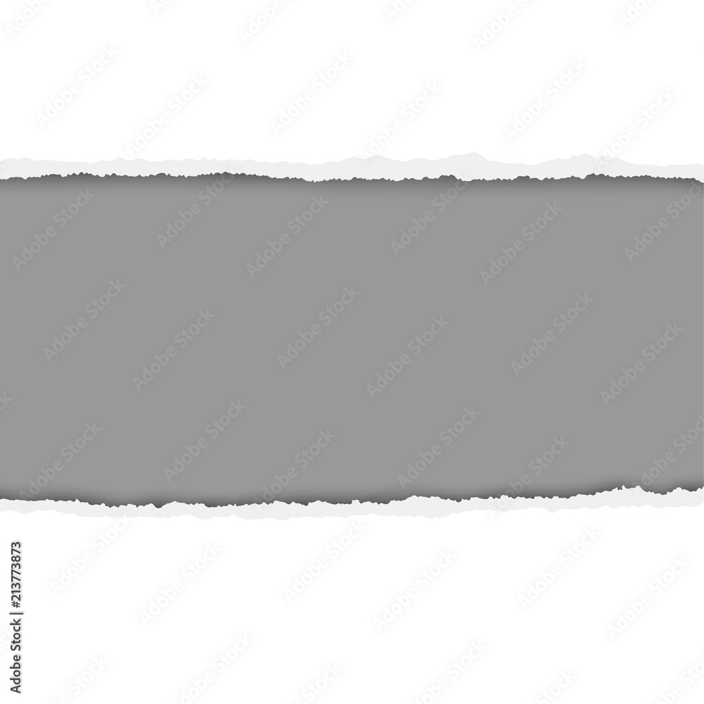 Rough ripped hole in white paper with gray background. Vector paper template.