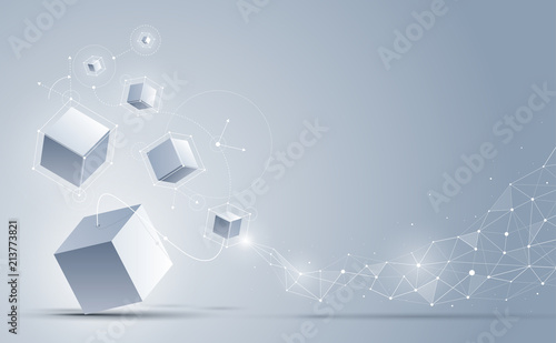 Vector 3d cubic abstract background. Background with connection geometric cubes. Science and technology. Big data and Internet connection. Vector illustration.