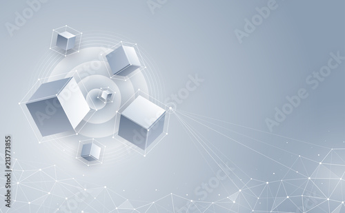 Vector 3d cubic abstract background. Background with connection geometric cubes. Science and technology. Big data and Internet connection. Vector illustration.