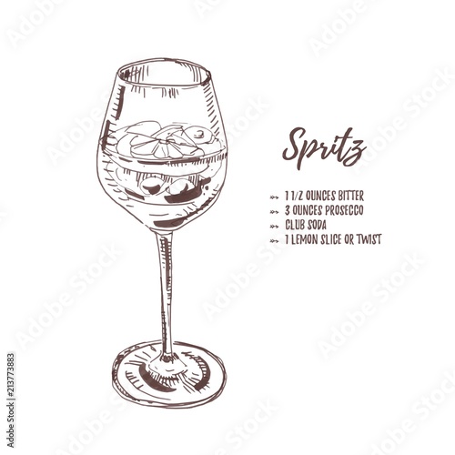 Classical Italian cocktail spritz with ingridients list. Vintage style illustration on white