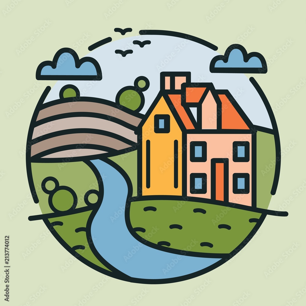 Circular logotype with farmhouse, hills covered with cultivated fields and river drawn in lineart style