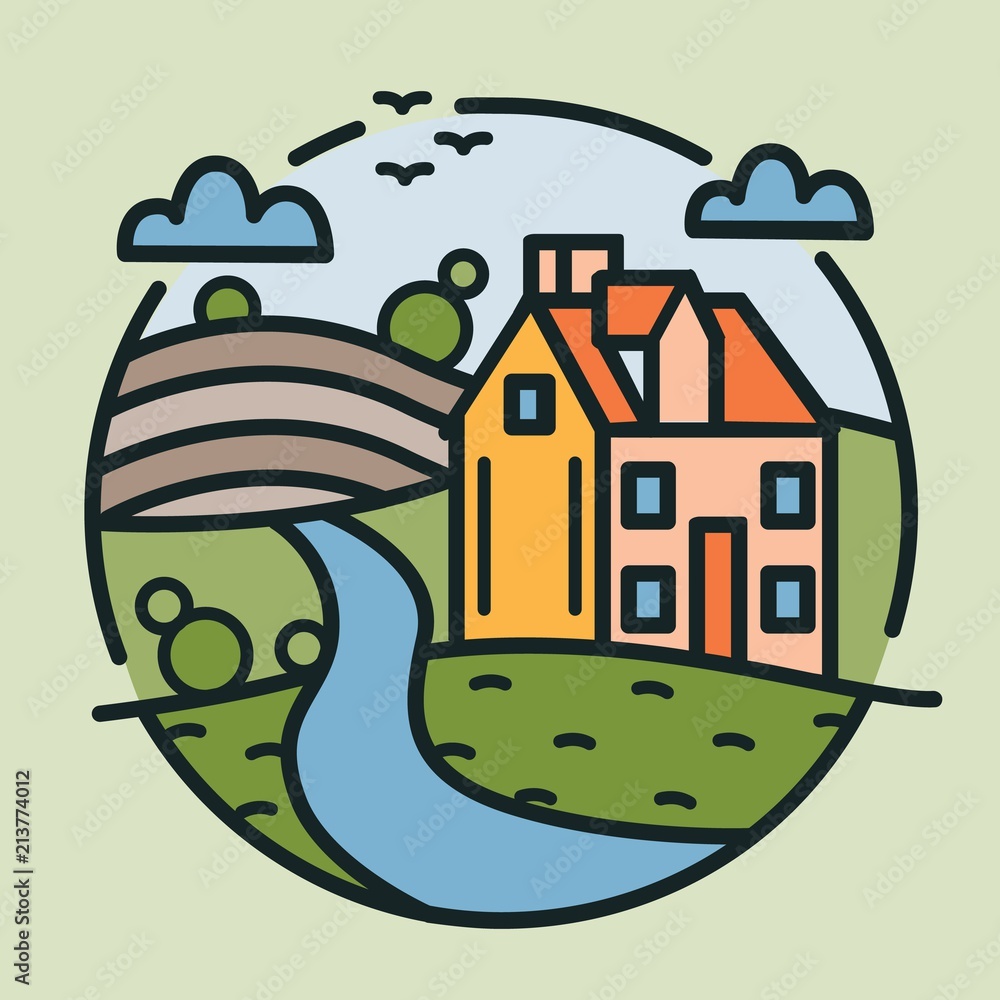 Naklejka premium Circular logotype with farmhouse, hills covered with cultivated fields and river drawn in lineart style