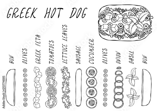 Greek Hot Dog Ingredients Constructor. Feta Cheese, Basil. Olives, Lettuce Salad, Tomato, Cucumber. Fast Food Collection. Hand Drawn High Quality Vector Illustration. Doodle Style.