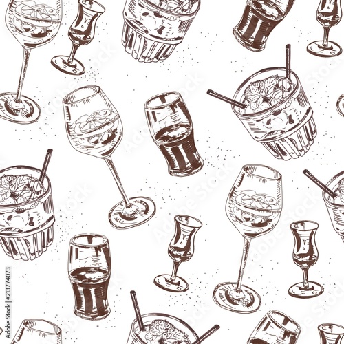 Cocktail party drinks seamless vector pattern. Ink vintage style hand sketch.