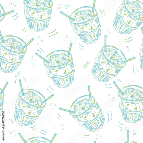 Seamless vector pattern with moscow mule cocktail hand drawn ink illustration on white background