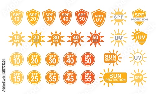 Collection of SPF and UV sun protection labels or signs isolated on white background. Colorful creative vector illustration in simple flat style for sunscreen and tan products or skin cosmetics.