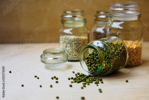 Mung beans in glass jar photo