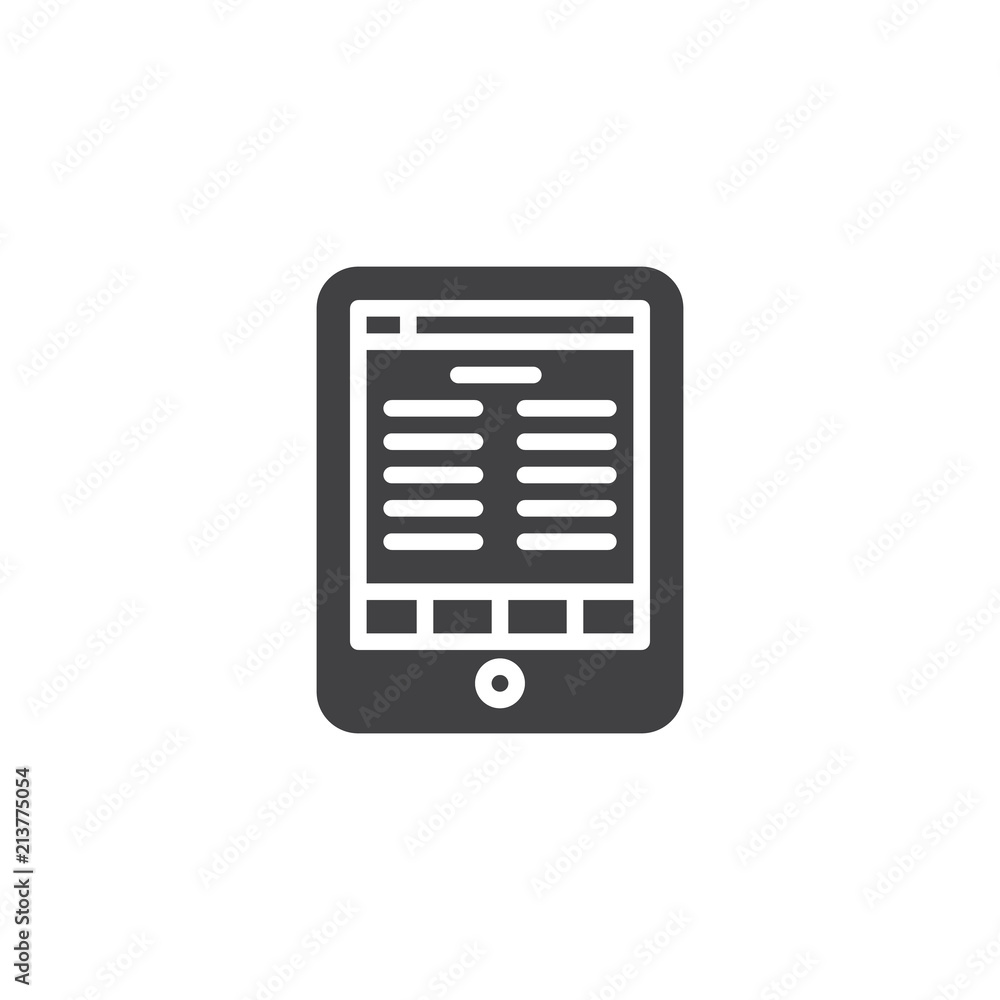 Electronic book reader tablet vector icon. filled flat sign for mobile concept and web design. E-book reader simple solid icon. Symbol, logo illustration. Pixel perfect vector graphics Electronic book reader tablet vector icon. filled flat sign for mobile concept and web design. E-book reader simple solid icon. Symbol, logo illustration. Pixel perfect vector graphics