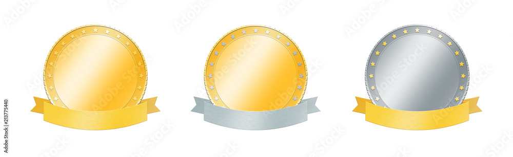 Gold and silver metal badges with ribbon banners Gold and silver metal badges with ribbon banners