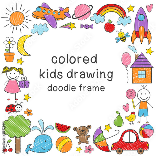 frame with colored kids drawing - vector illustration, eps