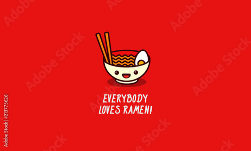Everybody Loves Ramen Pun Poster Vector Illustration in Flat Style Line Art