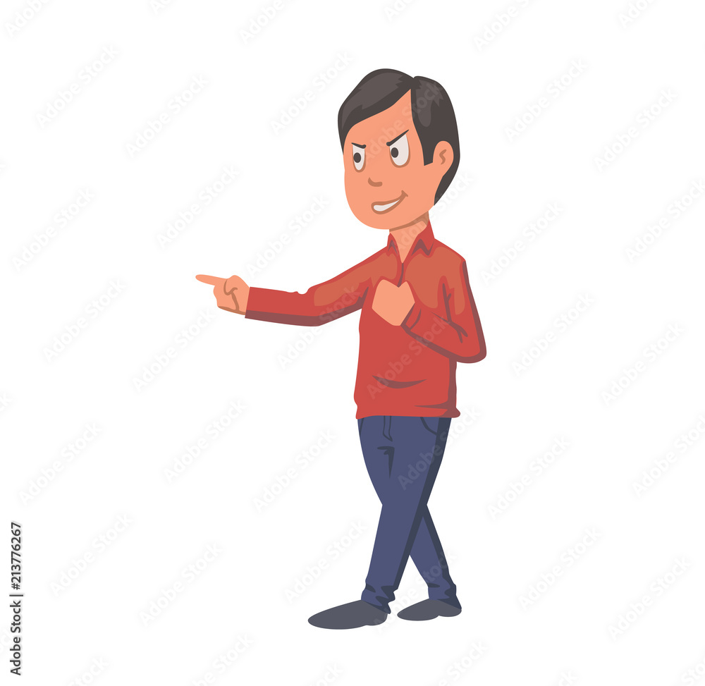Boy pointing finger, arguing student. Flat vector illustration. Isolated on white background. Boy pointing finger, arguing student. Flat vector illustration. Isolated on white background.