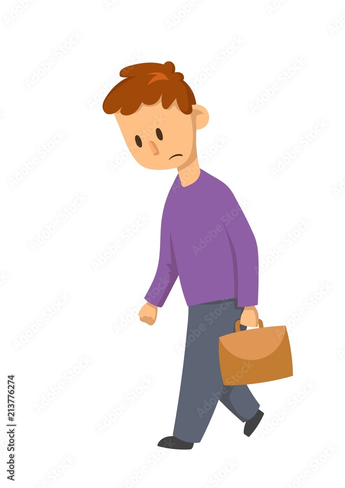 Unhappy schoolboy walking, sad character with a suitcase . Flat vector illustration. Isolated on white background. Unhappy schoolboy walking, sad character with a suitcase . Flat vector illustration. Isolated on white background.