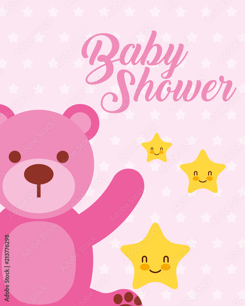 cute pink bear and stars cartoon baby shower card