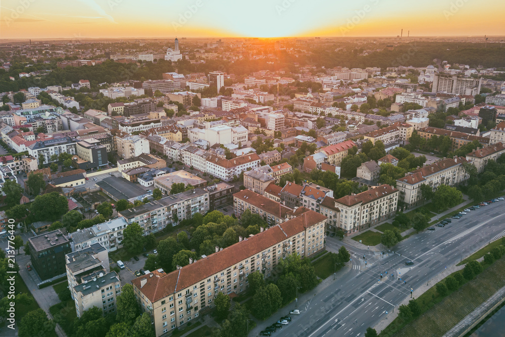 Sunmer sunset. Aerial view of Kaunas city center, Lithuania