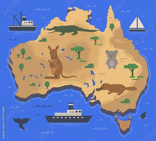 Stylized map of North America with indigenous animals and nature symbols. Simple geographical map. Flat vector illustration.